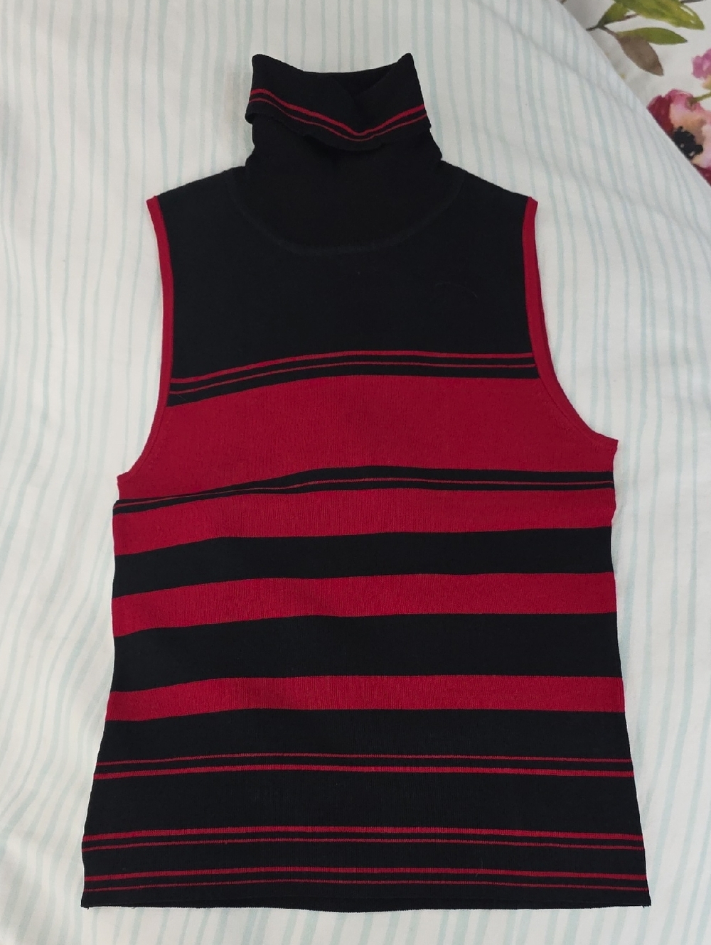 Mango Knit Sleveless Turtle Shirt Navy Blue Red Stripes Viscose Elastan Small